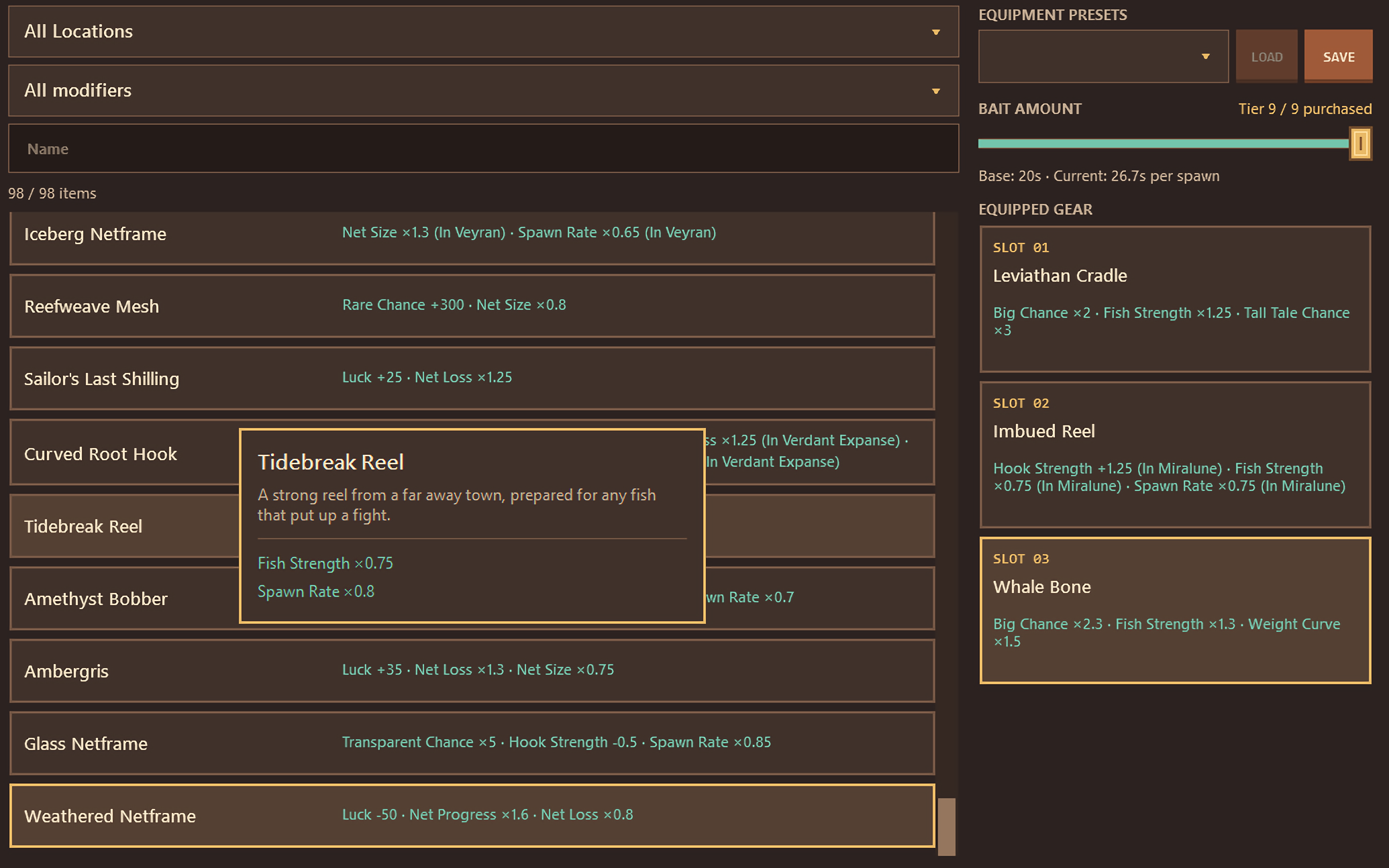 A list of equippable gear and its stat effects