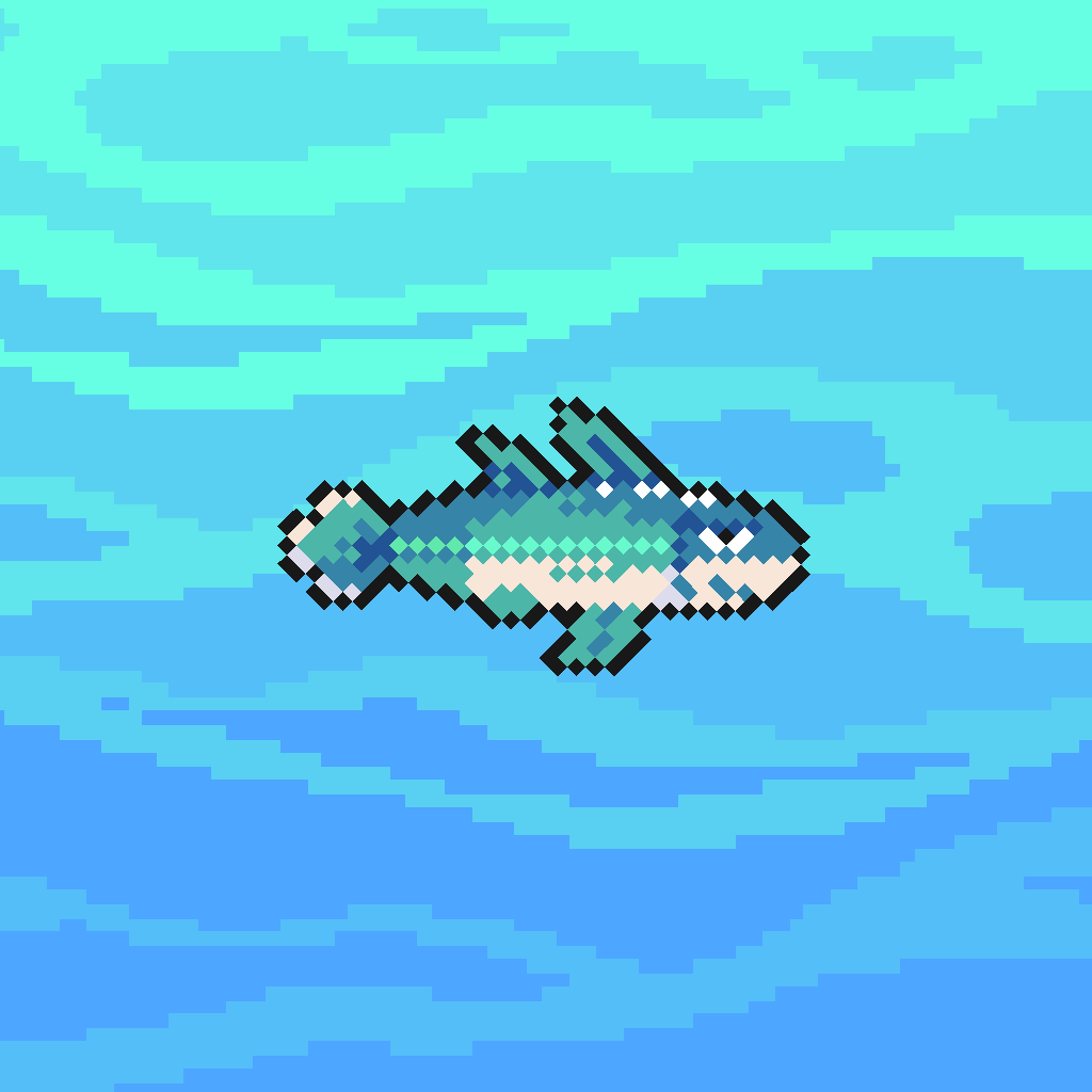Pixel fish swimming across bright ocean water